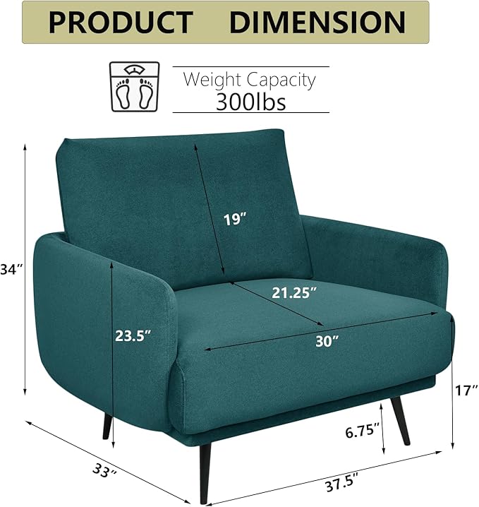 Oversized Accent Chair for Living Room Chairs Reading Arm Chair Comfy Modern Single Sofa Side Chairs with Metal Legs & Soft Cushion for Bedroom, Waiting Room (Velvet Dark Green, Set of 2)
