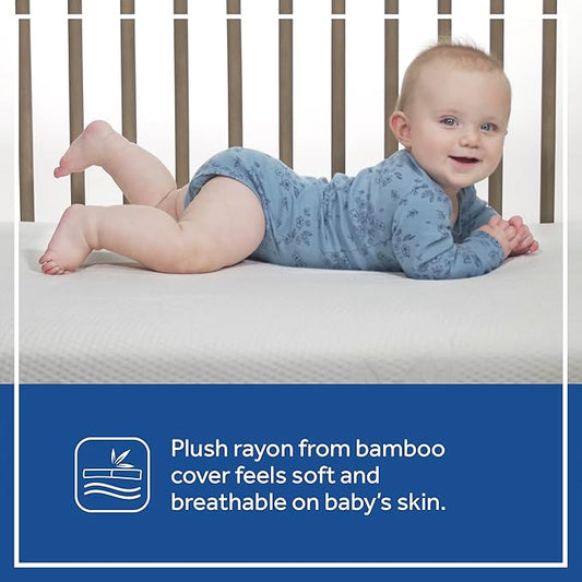 Sealy Baby Cozy Brilliance Breathable Crib Mattress, GREENGUARD GOLD Certified, Made in USA, Firm Dual Firmness, Toddler Bed Fit, Rayon, Waterproof, Non Toxic, Washable Zip Cover, 52” x 28