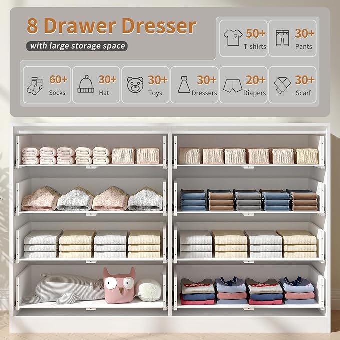 White Fluted Dresser Bedroom with 8 Drawer,55” Wide White Double Drawer Dresser Modern Chest of Drawers with Gold Handles,Wood TV Stand for Bedroom,Living Room