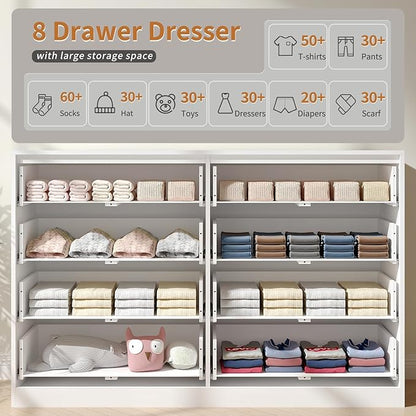 White Fluted Dresser Bedroom with 8 Drawer,55” Wide White Double Drawer Dresser Modern Chest of Drawers with Gold Handles,Wood TV Stand for Bedroom,Living Room