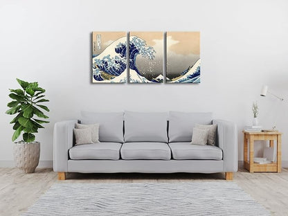 Wieco Art Great Wave of Kanagawa Katsushika Hokusai 3 Piece Modern Stretched Canvas Prints Artwork Abstract Pictures Paintings on Canvas Wall Art for Home Office Decorations Wall Decor