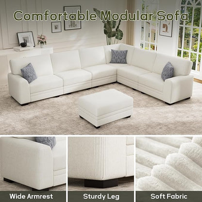 Wanderwell Oversized Modular Sectional Sofa, 7-Seater U Shaped Couches with Movable Ottoman,Corduroy Sectional Couch with Wide and Deep Seats Suitable for Living Room,Bedroom,Apartment (Cream, L-7)