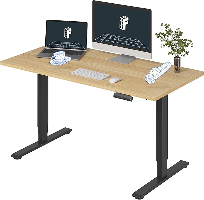 FLEXISPOT E6 3 Stages Dual Motor Electric Standing Desk 55x28 Inch Whole-Piece Board Height Adjustable Electric Sit Stand Desk(Black Frame + Maple Desktop, 2 Packages)