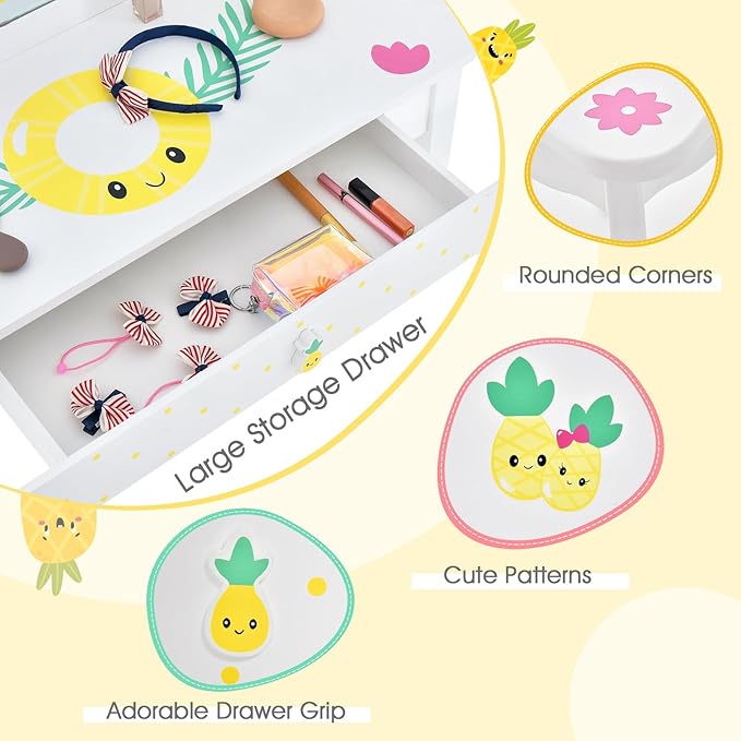 Costzon Kids Vanity, Girls Vanity Set with Tri-Folding Mirror, Stool, Storage Drawer, Princess Toddler Makeup Vanity Desk Dressing Table, Wooden Kids Vanity Table and Chair Set (Fruit Pattern)