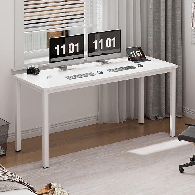 Need 63 Inch Large Computer Desk - Modern Simple Style Home Office Gaming Desk, Basic Writing Table for Study Student, White Metal Frame, White