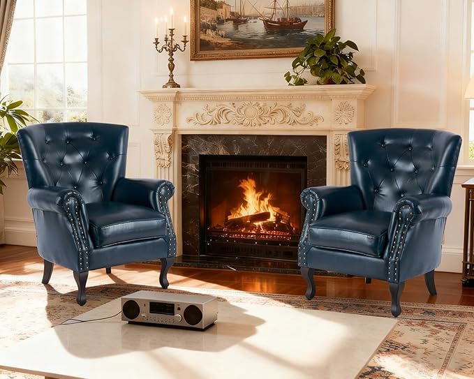 Modern Accent Chair Set of 2, Mid-Century PU Leather Armchair with Solid Wood Legs, Single Sofa Chair for Living Room, Bedroom, Leisure Room, or Reading Room(Navy)