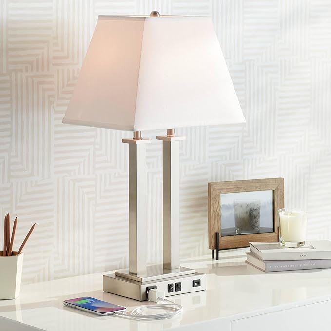 Possini Euro Design Amity Modern Table Lamp 26" High with USB and AC Power Outlet in Base Brushed Nickel White Linen Hardback Shade for Bedroom Living Room House Home Desk Bedside Nightstand Office