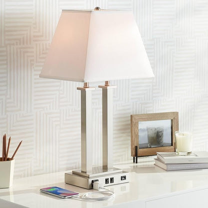 Possini Euro Design Amity Modern Table Lamp 26" High with USB and AC Power Outlet in Base Brushed Nickel White Linen Hardback Shade for Bedroom Living Room House Home Desk Bedside Nightstand Office