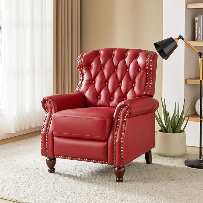 HULALA HOME Genuine Leather Recliner Chair Set of 2 w/Solid Wood Feet, Modern Adjustable Tufted Push Back Arm Chair w/Rivet Decoration, Home Theater Seating Reclining Sofa for Living Room, RED