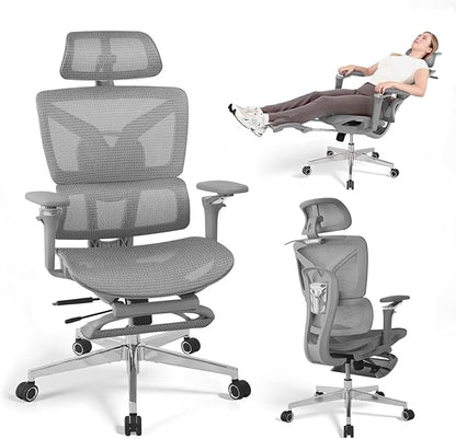 Big and Tall Ergonomic Office Chair with Footrest, 5D Adjustable Armrests, Lumbar Support, Mesh Reclining Swivel Chair for Home Office or Gaming, Adjustable Seat Depth, S3 Elite Pro Grey