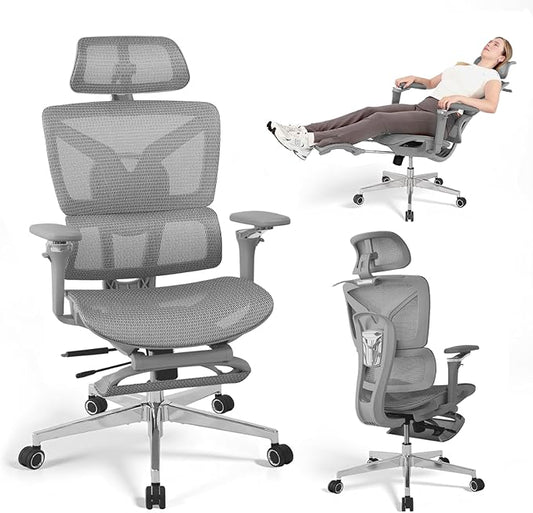 Big and Tall Ergonomic Office Chair with Footrest, 5D Adjustable Armrests, Lumbar Support, Mesh Reclining Swivel Chair for Home Office or Gaming, Adjustable Seat Depth, S3 Elite Pro Grey