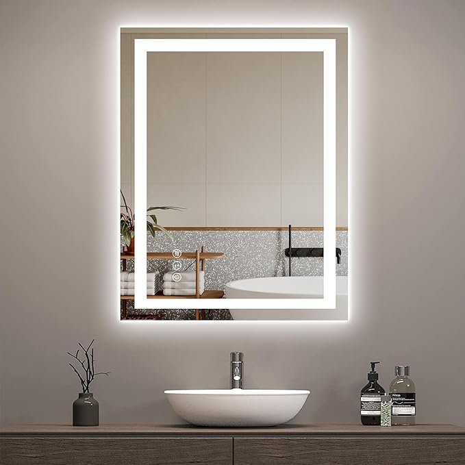Awoco 28''x36'' LED Bathroom Mirror with Light, Lighted Vanity Mirror with Backlit and Front Light, Dimmable Anti-Fog Memory Function Lighted Mirror with 3 Colors for Bathroom Wall