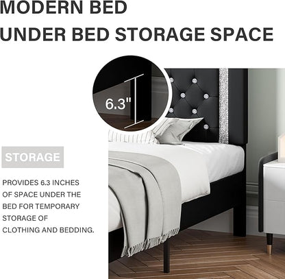 BarnFurin Queen Bed Frame with Headboard, Faux Leather Upholstered Bed with Button Tufted Headboard, Modern Platform Bed Frame with Diamond Design, No Box Spring Required, Easy Assembly, Black
