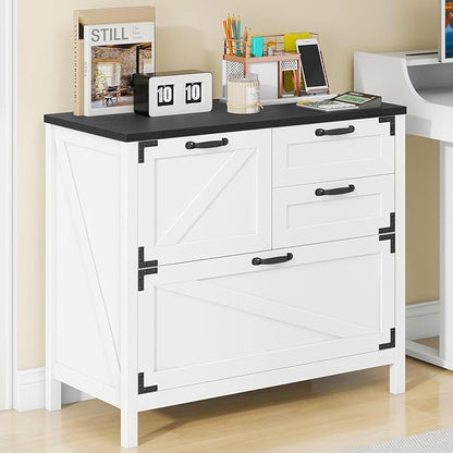Lateral File Cabinet with 4 Drawers Farmhouse File Cabinet for Letter/Legal/A4 Size Hanging Files, Large Wood File Storage Cabinets Printer Stand for Home Office Cabinet, White and Black