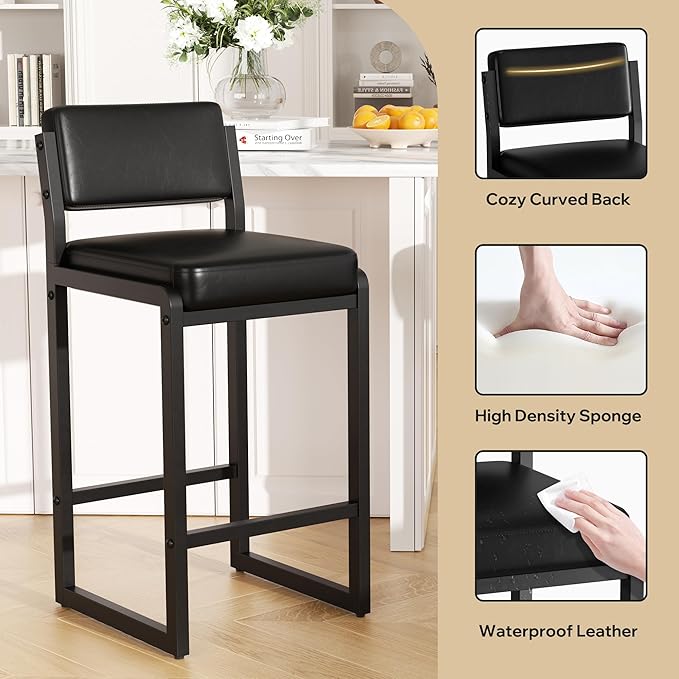 Bar Stools, Faux Leather Counter Height Bar Stools with High Back and Metal Legs, Upholstered Bar Chairs, 26" Modern Barstools for Kitchen Island, Black