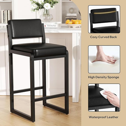 Bar Stools, Faux Leather Counter Height Bar Stools with High Back and Metal Legs, Upholstered Bar Chairs, 26" Modern Barstools for Kitchen Island, Black