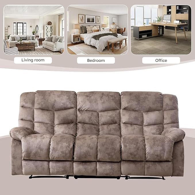EBELLO Reclining Couch for Living Room, Extra Wide Modern Overstuffed 3 Seat Recliner Manual Sofa Breathable Fabric and Padded Cushion, Light Brown
