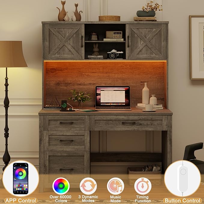 Farmhouse 67" H Executive Desk with Hutch,Computer Desk with 4 Drawers and LED light, Office table with Storage Cabinet & File Drawers and Charging Station,Workstation for Home Office and Study(Grey)