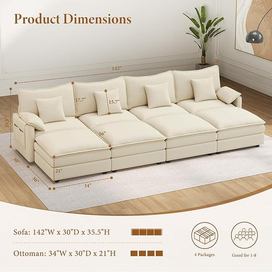 Vesgantti 142" Oversized Sectional Sofa Bed, 8-Seater Modular Sleeper Cloud Couch with Movable Ottoman, Chenille Convertible Sofa Set Deep Seat Couches for Living Room, Bedroom and Apartment, Beige