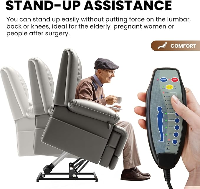 Large Dual Motor Power Lift Recliner Chair with Massage and Heat for Elderly People, Infinite Position,USB Ports and Remote Control,Breathable Leather (Gray)