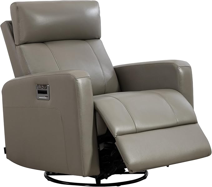Genuine Leather Power Swivel Recliner Chair, Glider Electric Rocking Chair for Adults. Nursery Rocker Sofa Chair with Adjustable Headrest for Living Room. Wireless Charging/Type-C&USB, Grey