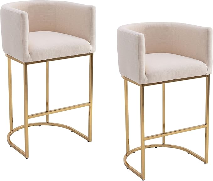 Contemporary Cream Linen Bar Stools Set of 2, 32" Upholstered Fabric Counter Height Barstool Kitchen Counter Island Stools with Golden Metal Base
