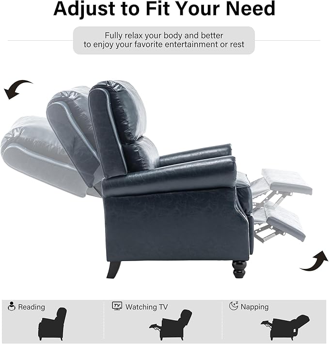 Faux Leather Recliner Chair, Modern Pushback Armchair with Adjustable Backrest & Footrest for Bedroom, Living Room (Dark Blue, Set of 2)