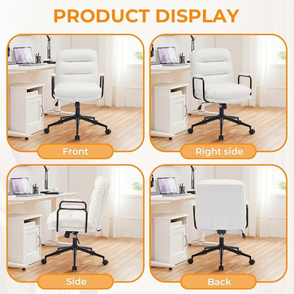 Furniliving Leather Home Desk Chair, Comfortable Executive Office Chair with Wheels, Ergonomic Computer Task Chair Adjustable Height, White