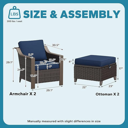 Patio Metal Wicker Chairs with Ottomans Set of 2, Outdoor Conversation Furniture Set - 2 Armchairs | 2 Wicker Ottomans, Removable Cushions, PE Rattan, Front Porch (Navy Blue)