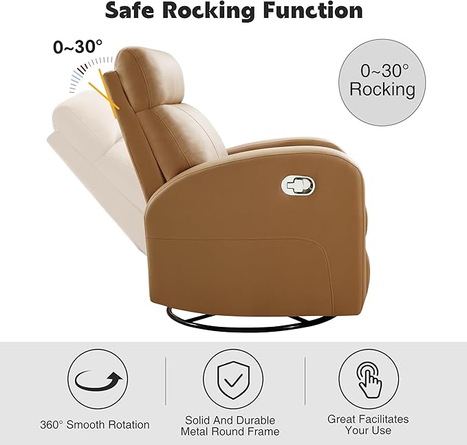 Swivel Rocker Recliner Chair, Manual Leather Recliner, Glider Rocking Recliner Chair 360°Swivel Nursery Reclining Chair for Living Room, Light Brown