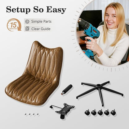 Armless Desk Chair, Armless Office Chair with Wheels, Small Desk Chair No Arms for Home Office, Swivel Vantiy Chair with Backs for Bedroom, Rolling Task Chair for Small Space, Brown