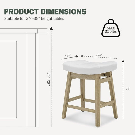 Counter Height White Bar Stools Set of 4 for Kitchen Counter Farmhouse Modern Barstools with Faux Leather Upholstered Backless Seat and Solid Wood Legs 24 inch Bar Chairs, White + Wood Color
