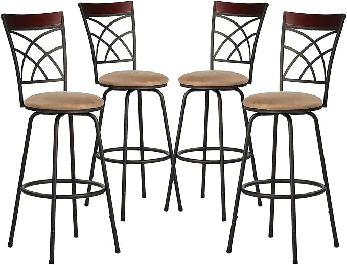 VECELO Barstools, Adjustable Counter Stools,Steel Bistro Pub Chairs,Bar Stools with 360 Degree Swivel Cushion Seat, Wood Top Rail Backrest, Set of 4