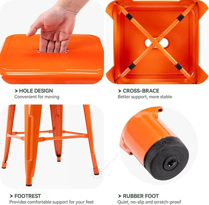 Vogue Furniture Direct 24" Bar Stools Backless Metal Barstools Indoor-Outdoor Counter Height Stools with Square Seat, Set of 2 (Orange)