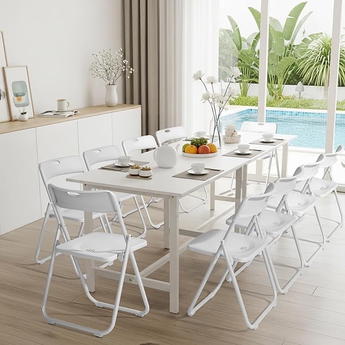 Karl home 10 Pcs Folding Chair, 300LBS Lightweight Foldable Plastic Chair, Reinforced Metal Frame Easy to Fold & Store for Indoor & Outdoor, Wedding, Party, Meeting Room, Patio and Garden, White