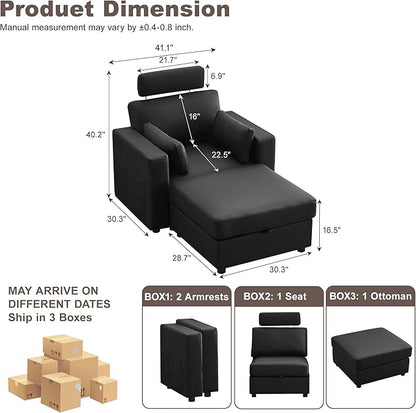 41.1" Accent Storage Sofa Chair with Ottoman, Faux Leather Living Room Chaise Lounge Chair with Headrest & Side Pockets, Modern Upholstered Comfy Arm Chairs, Sleeper Sofa, Reading Club Chairs, Black