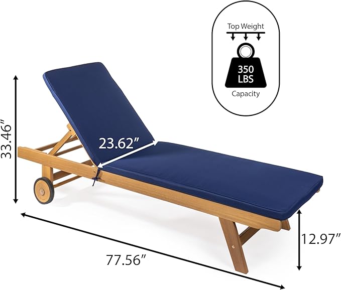 JONATHAN Y LNG1000B Mallorca 77.56"x23.62" Modern Classic Adjustable Acacia Wood Chaise Outdoor Lounge Chair with Cushion & Wheels Coastal, Bohemian, Minimalist, Traditional, Navy/Natural