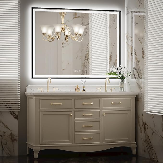 48x30 Inch LED Bathroom Mirror with Lights, Frontlit & Backlit Black Metal Frame Mirror, Wall Mounted Lighted Vanity Mirrors, Double Lights Strips,Anti Fog Dimmable & 3 Colors Temperature