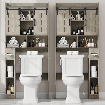 Over The Toilet Storage Cabinet, Farmhouse Storage Cabinet Over Toilet with Sliding Doors，Home Space-Saving Toilet Rack, for Bathroom, Restroom, Laundry.Wash Grey