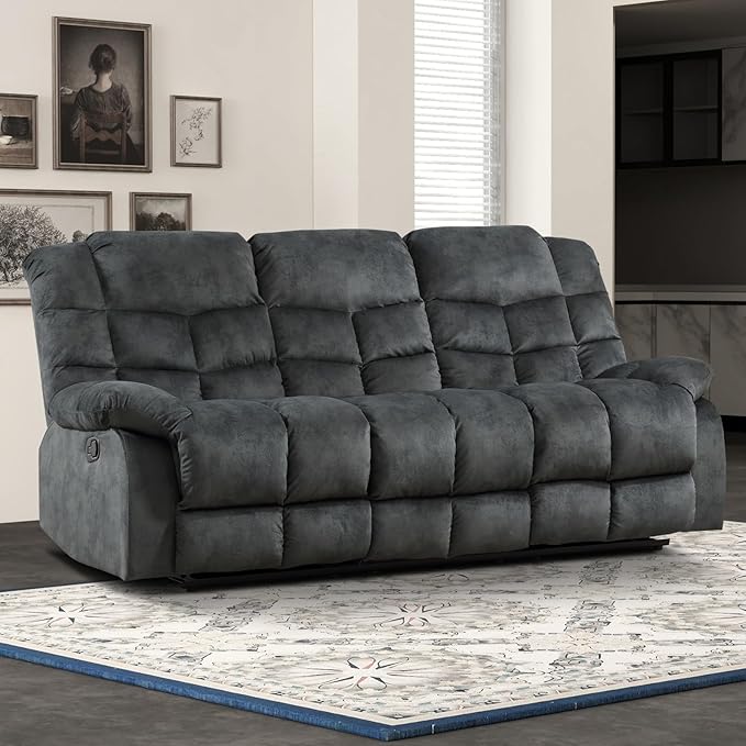 EBELLO Reclining Couch for Living Room, Extra Wide Modern Overstuffed 3 Seat Recliner Manual Sofa Breathable Fabric and Padded Cushion, Grey Green