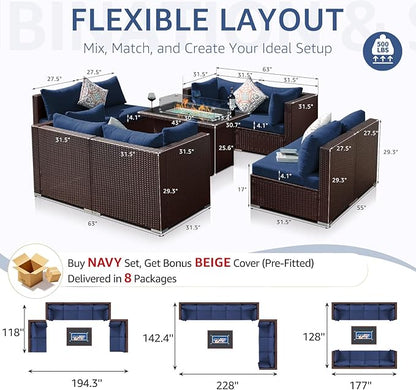 NICESOUL 9 Piece Patio Sectional Sofa Set with Fireplace Natural Gas/Propane, 29.3'' High Back Deep Seats Outdoor Conversation Couch, Extra-Large Wicker Furniture Sets, Brown Rattan and Blue Cushion