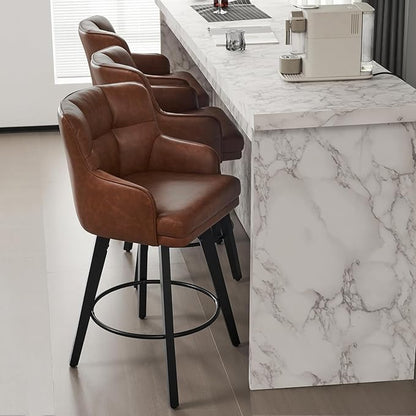 360°Swivel Counter Height Bar Stools with Back, 30 inch Solid Wood Legs, Bar Stool Modern Kitchen Island Chairs, Faux Leather (Brown- Faux Leather, 30" H- Set of 3)