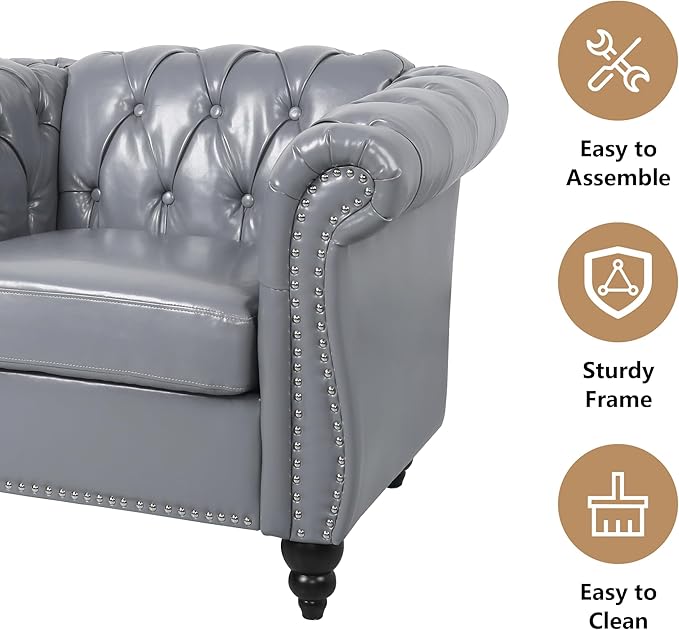 2 Piece Living Room Furniture Set, Faux Leather Loveseat and Chair Set, Mid Century Modern Upholstered Sofa Couch with Cushions, Vintage Comfy Tufted Chesterfield Couches for Bedroom, Office (Grey)