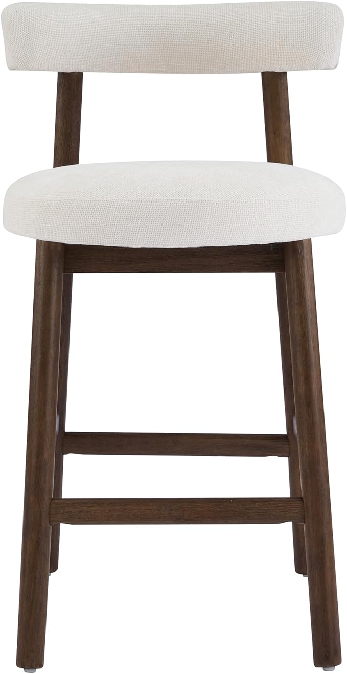 Christopher Knight Home Annes Counter Height Bar Stools Set of 2, Linen Fabric Round Bar Stool for Kitchen Island, Wooden Dining Room Chair, Counter Stool with Footrest, Walnut+Milky White