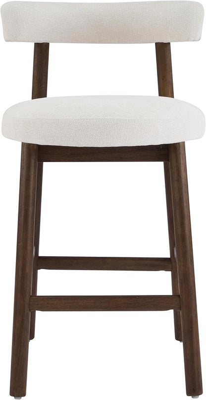 Christopher Knight Home Annes Counter Height Bar Stools Set of 2, Linen Fabric Round Bar Stool for Kitchen Island, Wooden Dining Room Chair, Counter Stool with Footrest, Walnut+Milky White