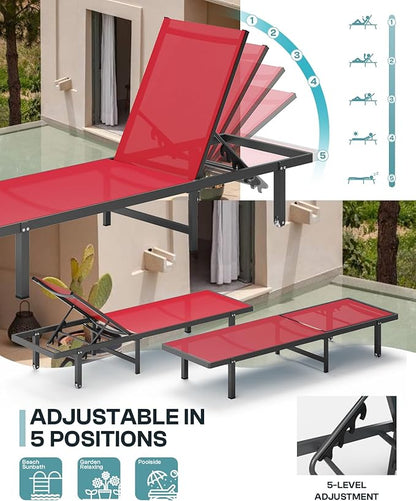 Pool Lounge Chairs, Chaise Lounge Outdoor with Wheels and 5-Position Recliner -Easy to Move- Aluminum Patio Lounge Chair for Poolside, Deck (Red)