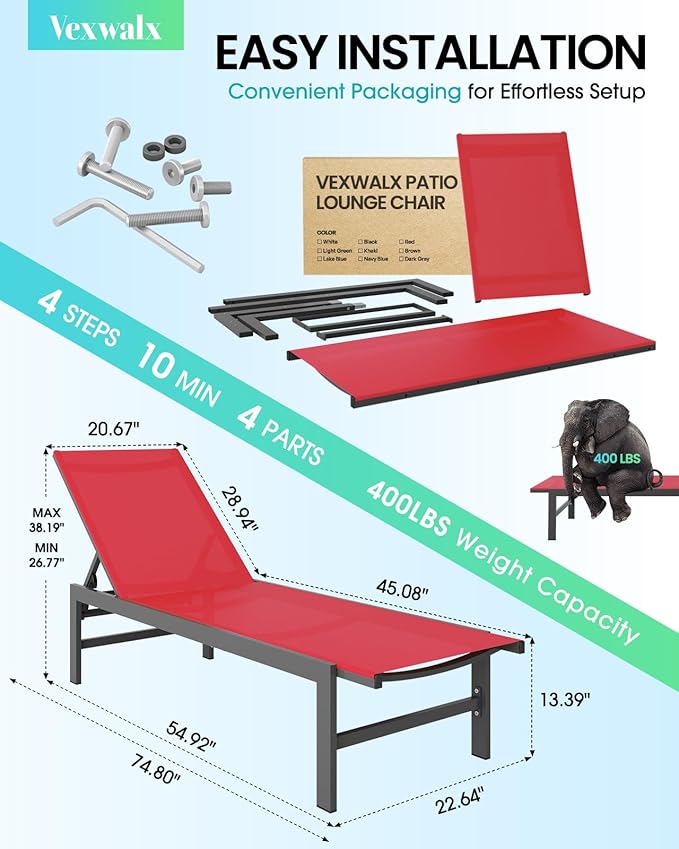 Outdoor Lounge Chairs for Pool, Aluminum Chaise Lounge Chairs with 5-Position Recliner, Patio Lounge Chair for Backyard, Poolside, Deck, Lawn, Red