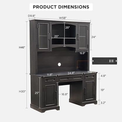 JXQTLINGMU Farmhouse 76" Height Computer Desk with Hutch, Office Desk with Charging Station, Drawers and Storage Cabinet, Workstation for Office Home, Black