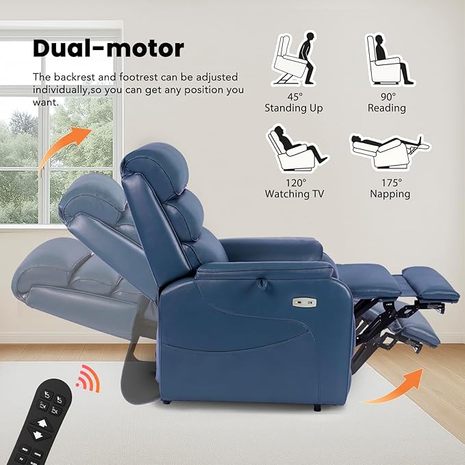 EONIX Dual Motor Lay Flat Power Lift Recliner Chair for Elderly, Electric Faux Leather Lift Chairs for Adults, 400lbs Heavy Duty Power Recliner Lift Sofa with Heat and Massage, Navy Blue