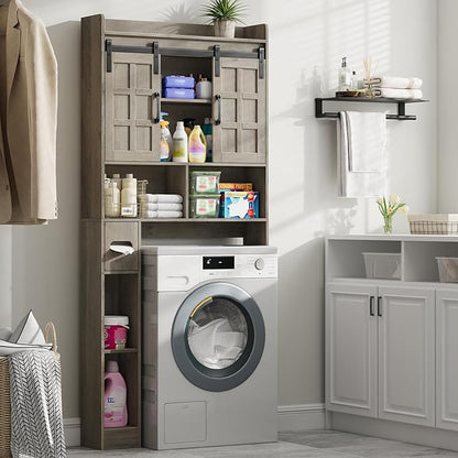 Over The Toilet Storage Cabinet, Farmhouse Storage Cabinet Over Toilet with Sliding Doors，Home Space-Saving Toilet Rack, for Bathroom, Restroom, Laundry.Wash Grey
